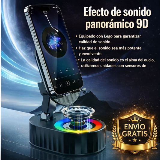 SOPORTE 9D™: Parlante 5 EN 1 de Inducción - Amplifica tu Música, Carga, Tripode y soporte
